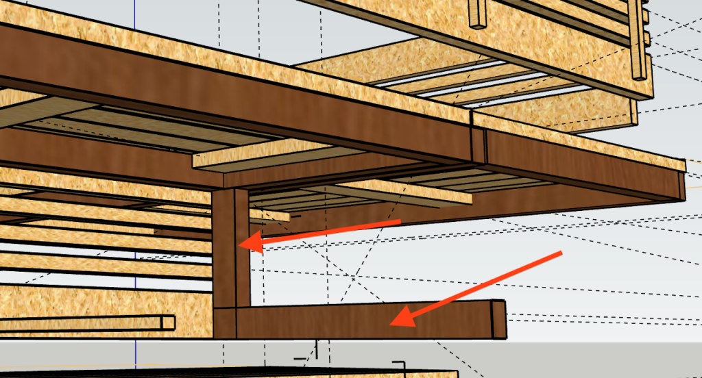 Lange obere Bank im 3D-Modell, Ansicht von hinten.